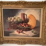 Still life with fruits (strawberries/pumpkin), on canvas frame with gilded baroque frame