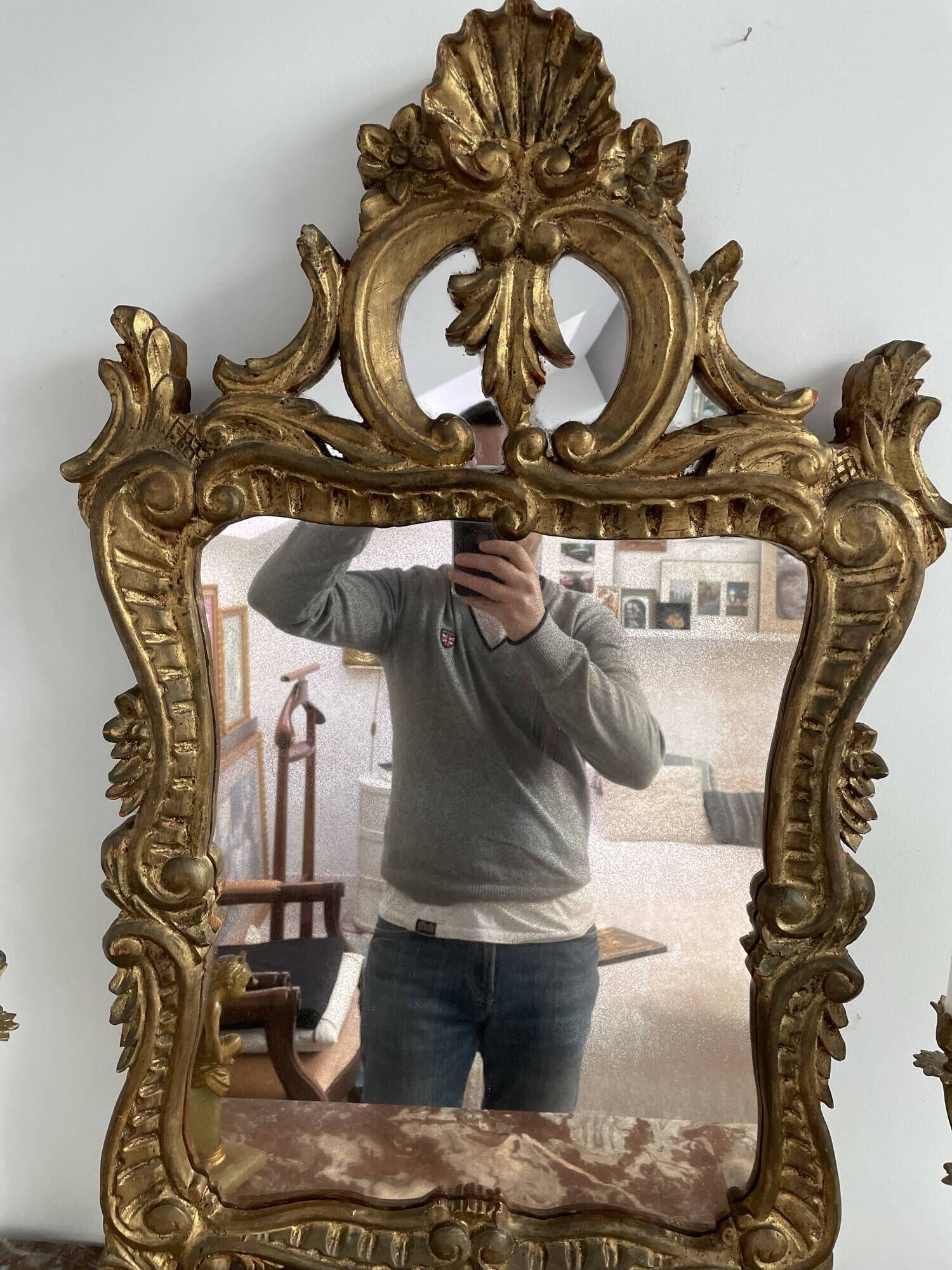 Antique mirror in stuccoed and gilded wood - rocaille style - France 50x86cm