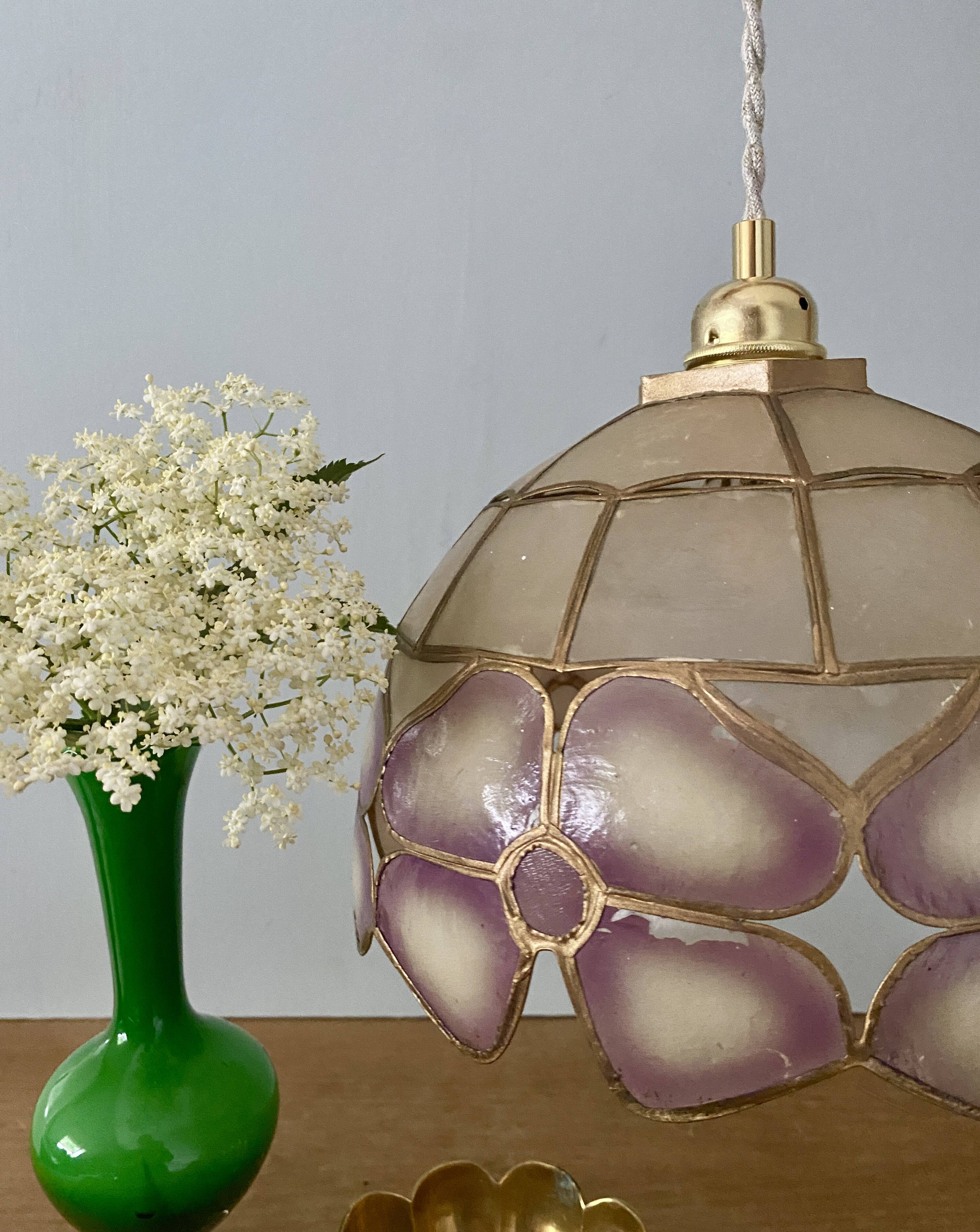 Vintage mother-of-pearl and brass lampshade pendant light