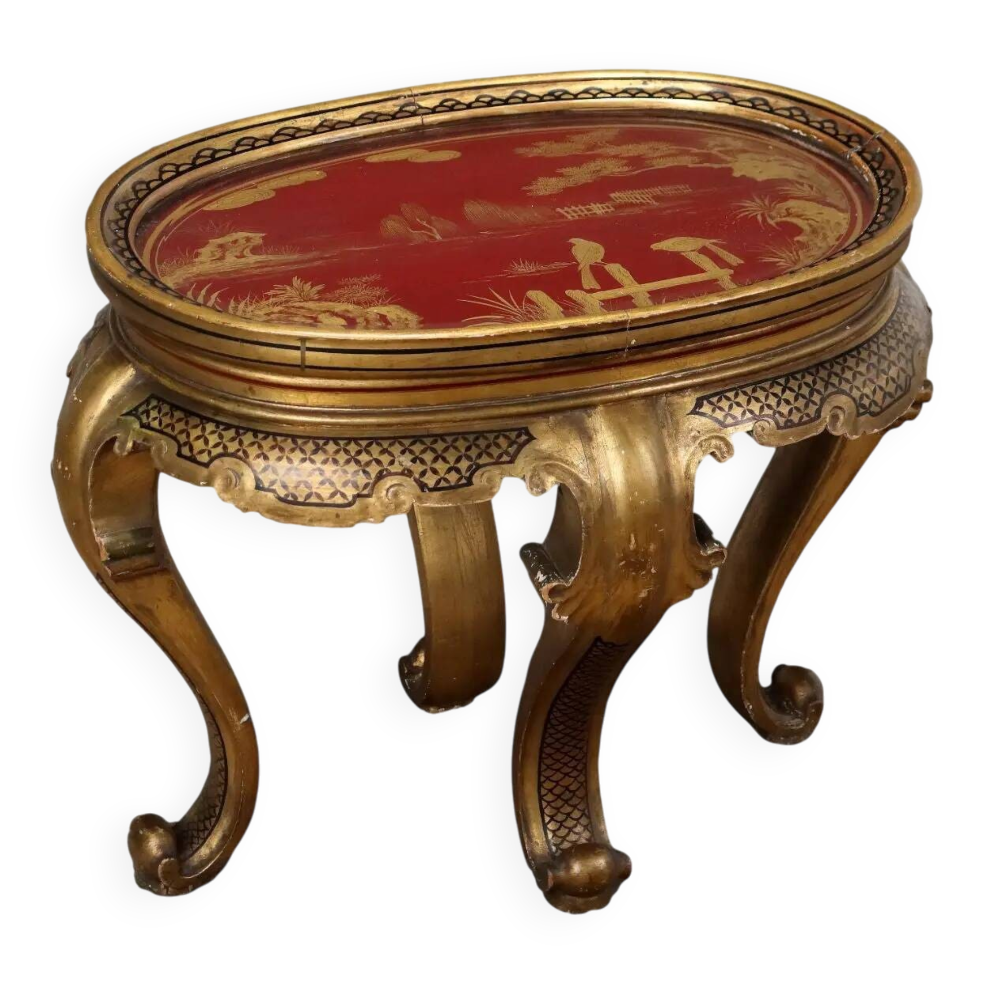 Table basse ancienne en bois laqué chinoiserie, Italie, début XXe siècle