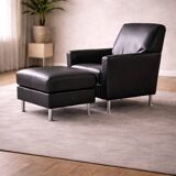 Modern Lounge Armchair with Matching Footstool — Black Leather