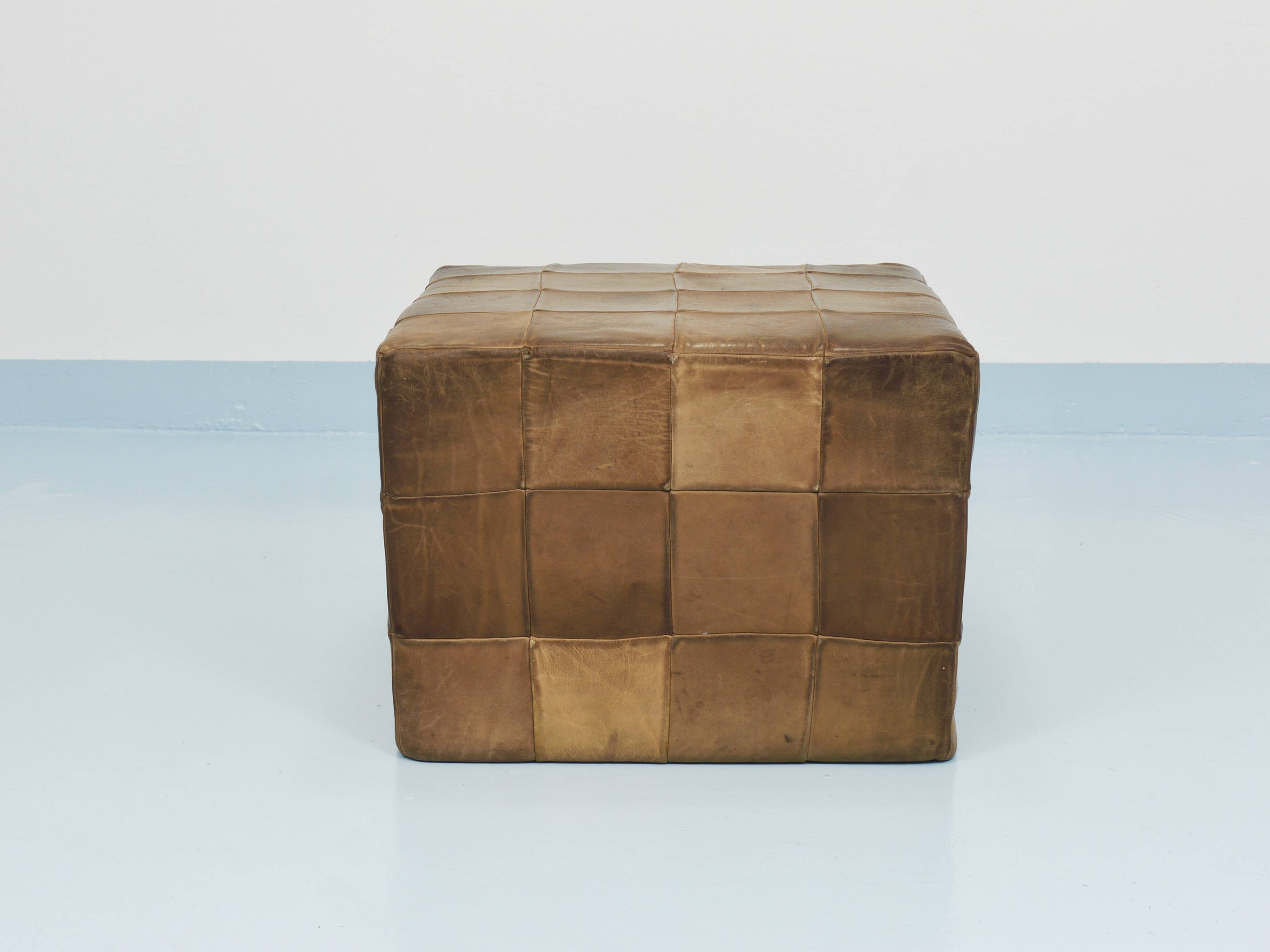 De Sede Patchwork Leather Cube Stool, Pouf, Ottoman, Switzerland, 1970s