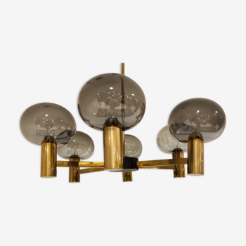 Lustre scandinave en laiton et de verre, années 60