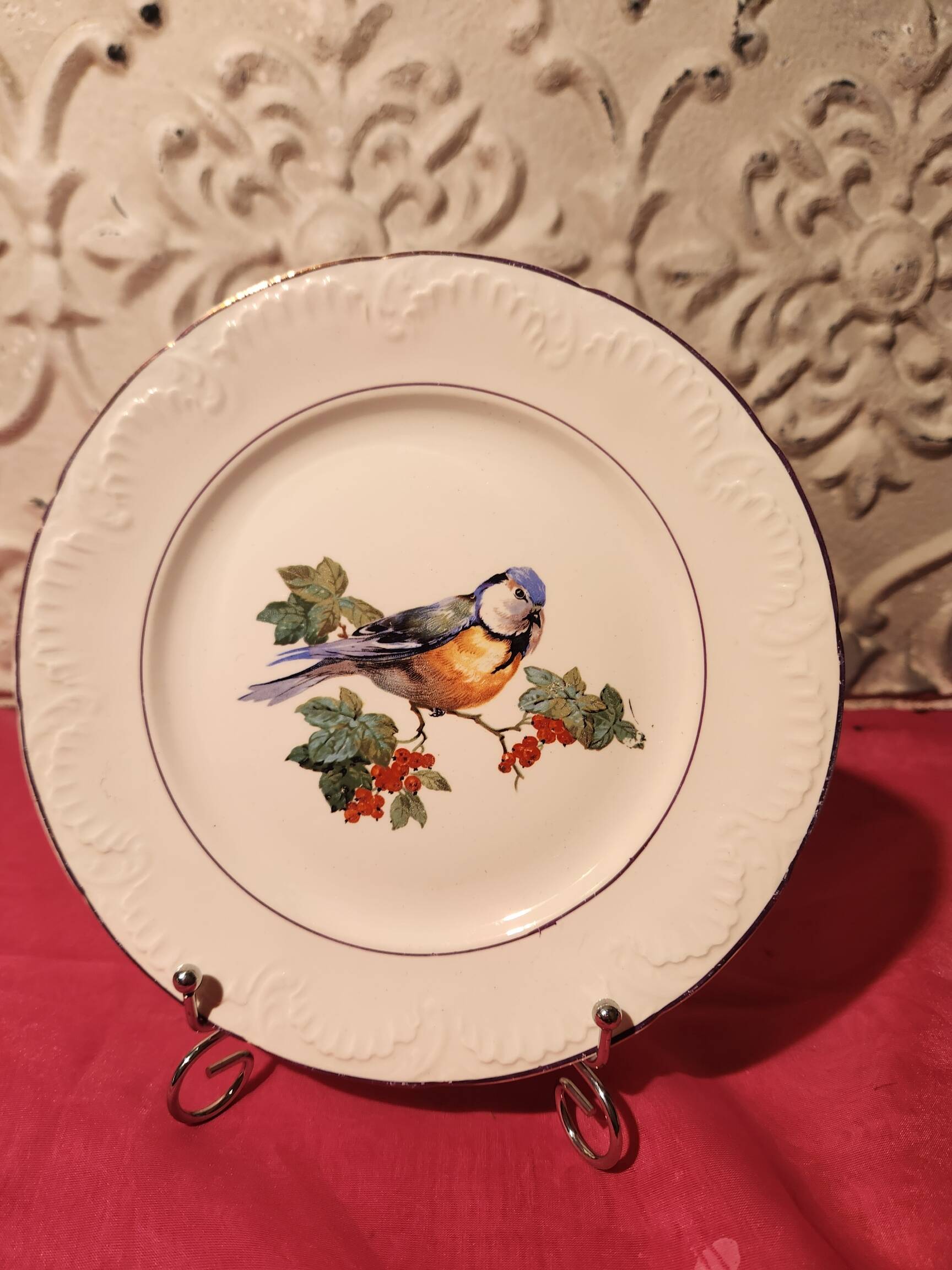 6 dessert plates Digoin Sarreguemines with coloured bird design.