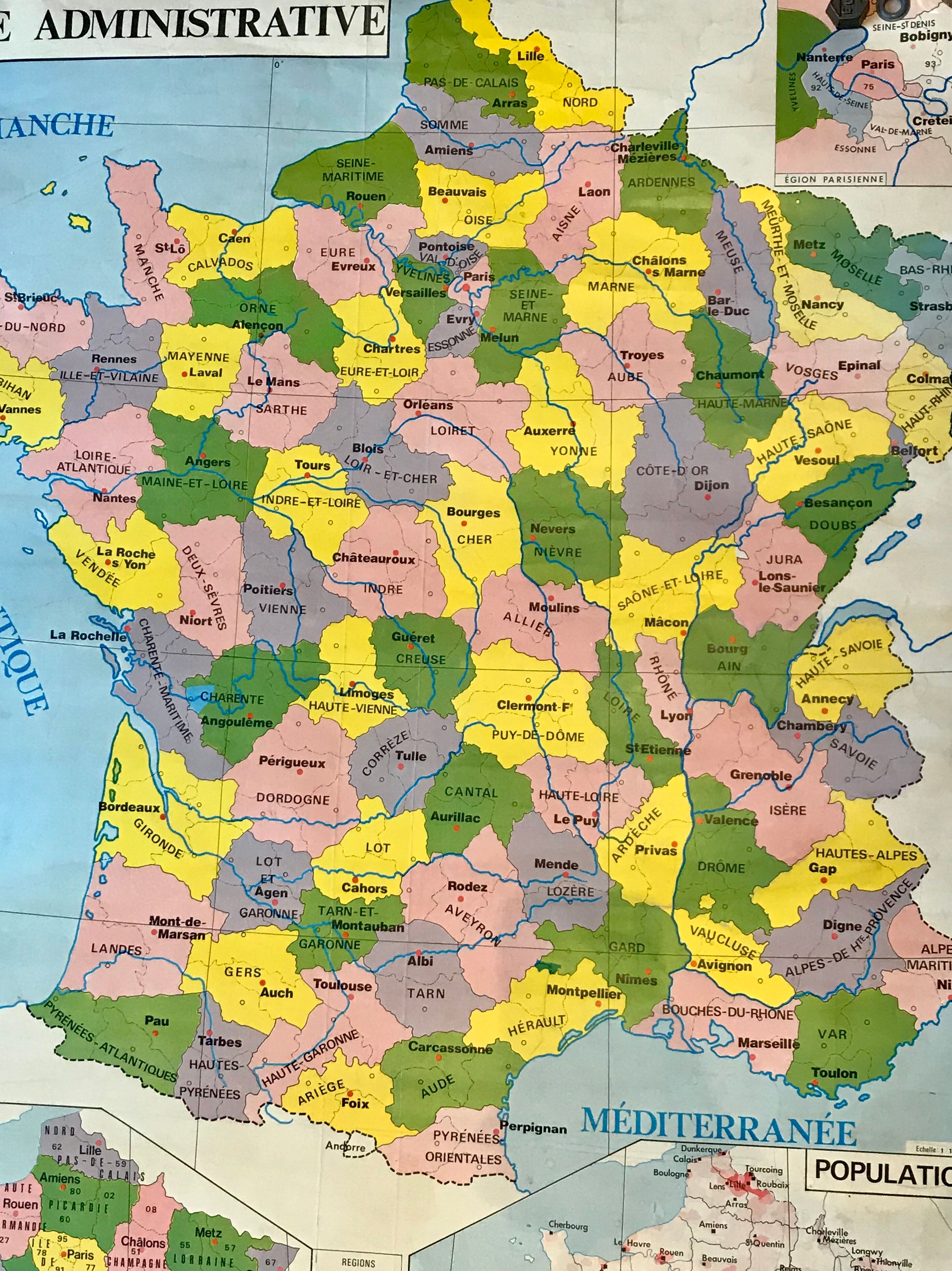 School map of france agriculture & livestock and administrative france 50s-60s