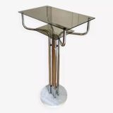 Table d’appoint métal chromé, marbre et verre fumé