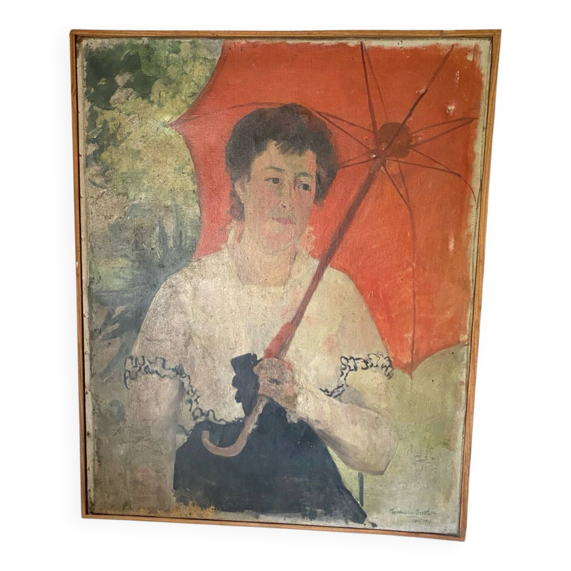Large old portrait with a parasol, oil on canvas signed, 1917