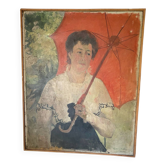 Grand portrait ancien à l’ombrelle, huile sur toile signée, 1917
