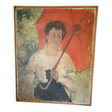 Grand portrait ancien à l’ombrelle, huile sur toile signée, 1917