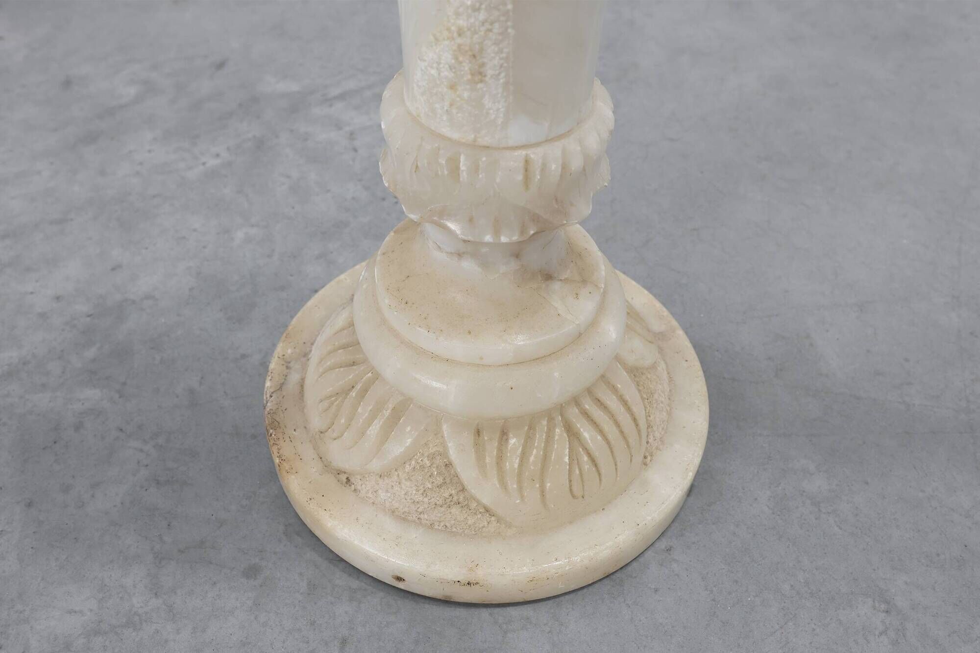 Italian Turned Alabaster Pedestal Column with Carved Leaf Capital