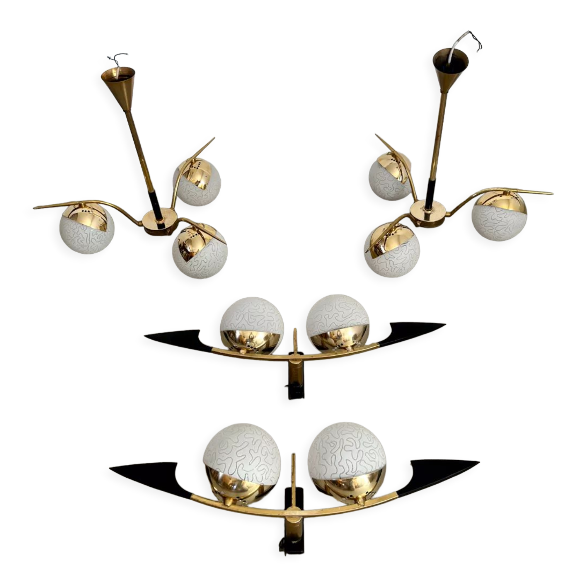 Lot light fixtures and chandeliers design Arlus 50s brass and opaline vintage