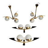 Lot light fixtures and chandeliers design Arlus 50s brass and opaline vintage