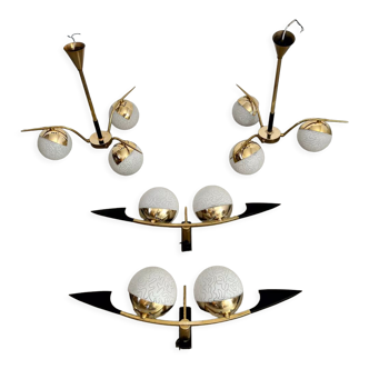 Lot light fixtures and chandeliers design Arlus 50s brass and opaline vintage