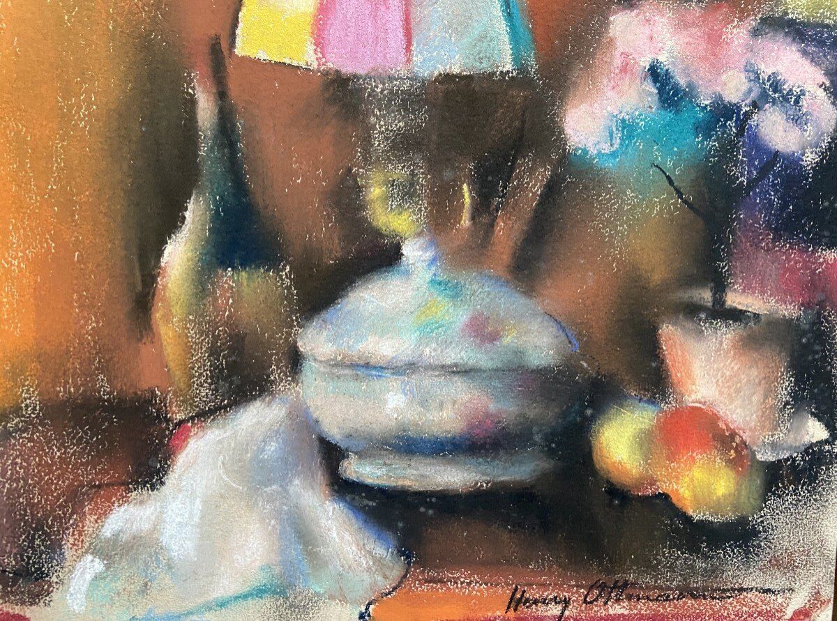 Still life with lamp, signed pastel