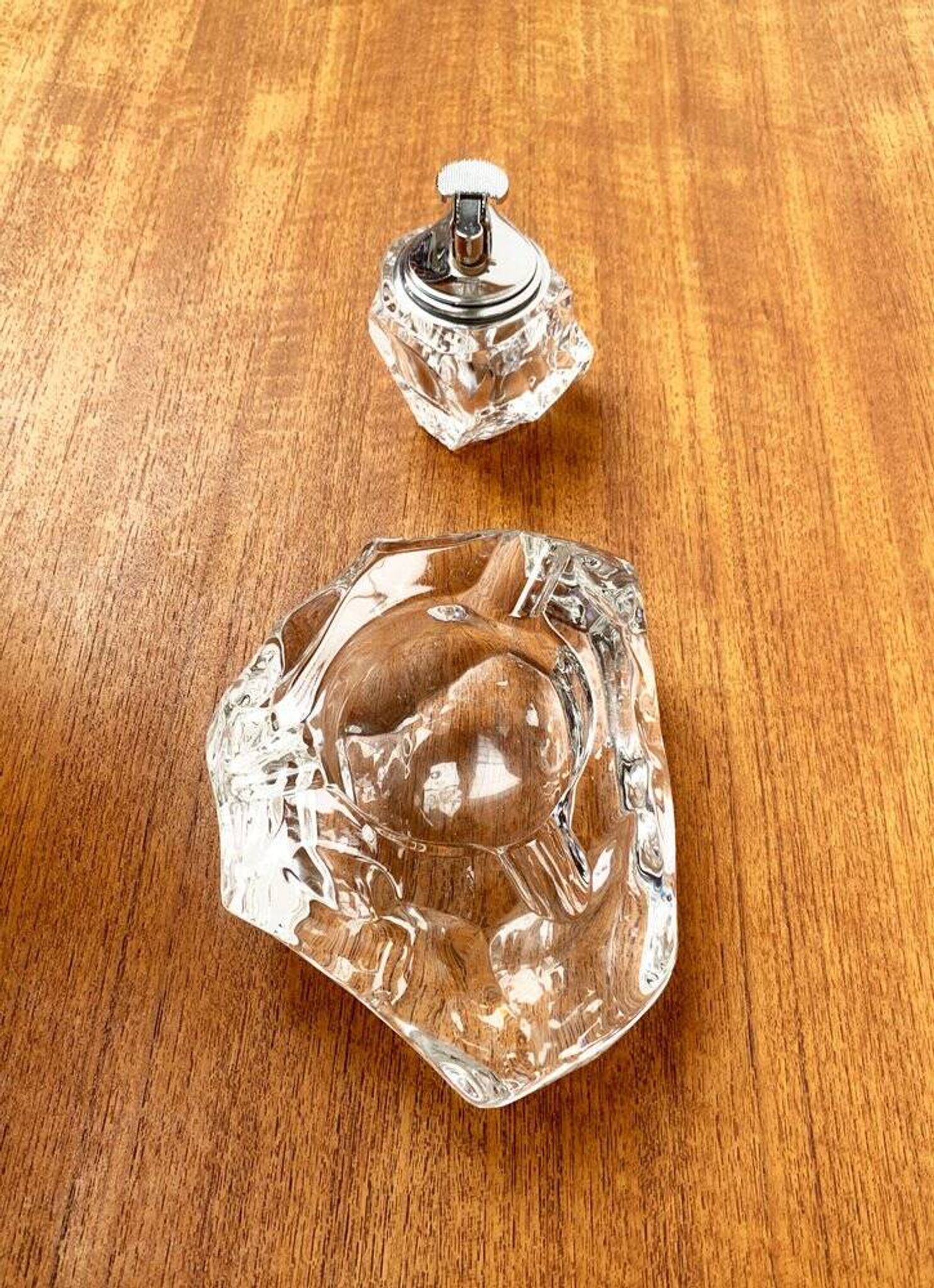 Mid-century Scandinavian heavy frosted glass table and ashtray, 1960s, set of 2.