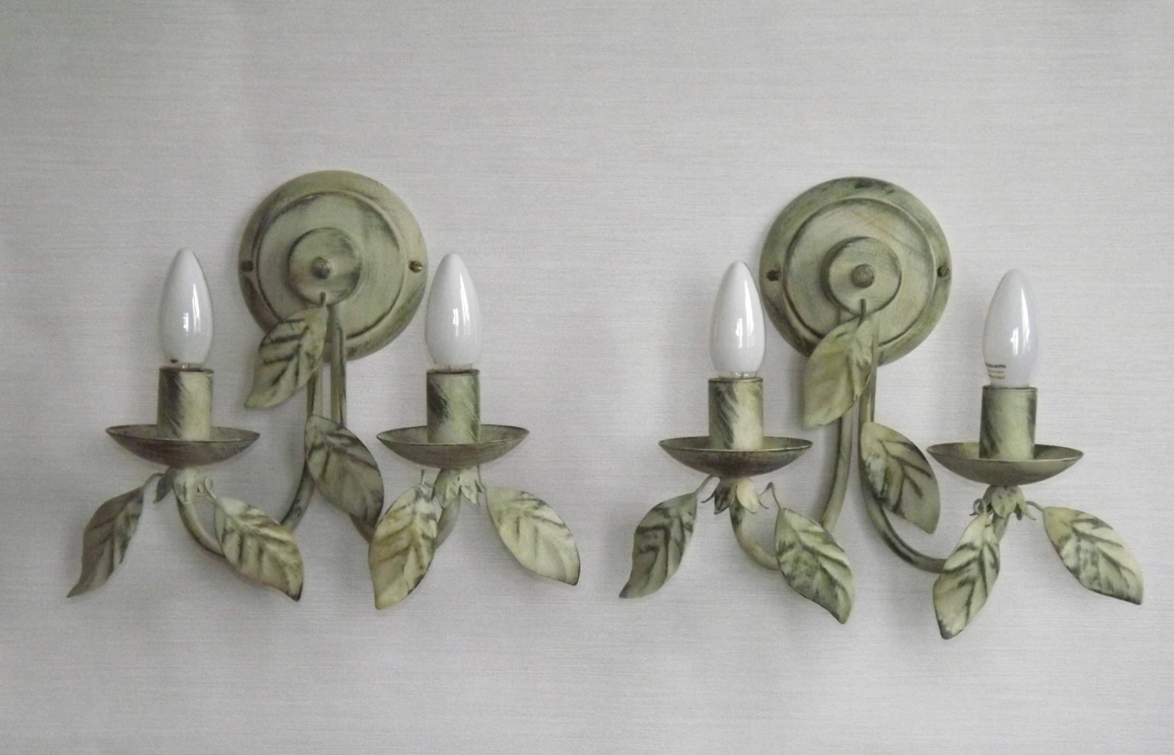 Pair of Vintage Italian Double Wall Lights Leaf Detail Green & Gold Finish