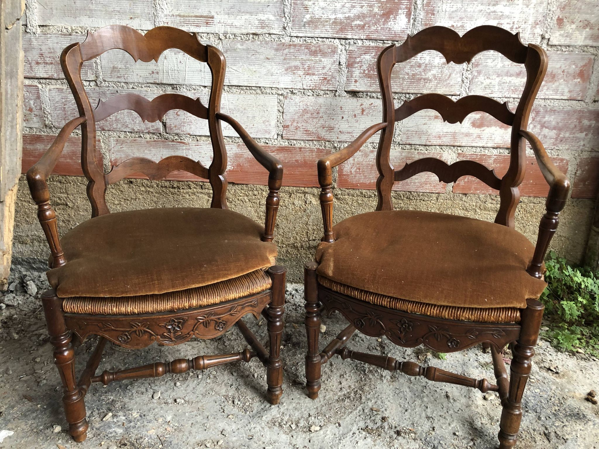Pair Old Armchair Needle Wood Carved & Seat Paillé + Vintage Fabric Cover