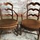 Pair Old Armchair Needle Wood Carved & Seat Paillé + Vintage Fabric Cover