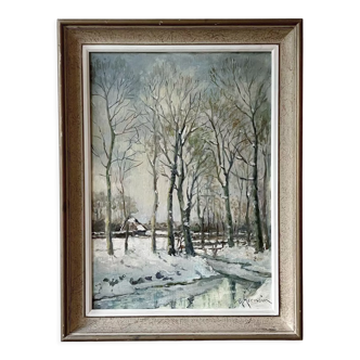 Ambiance hivernale  de Robert Germain - Huile sur carton