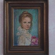 Tableau from the 20th century signed, depicting a woman with a bouquet.