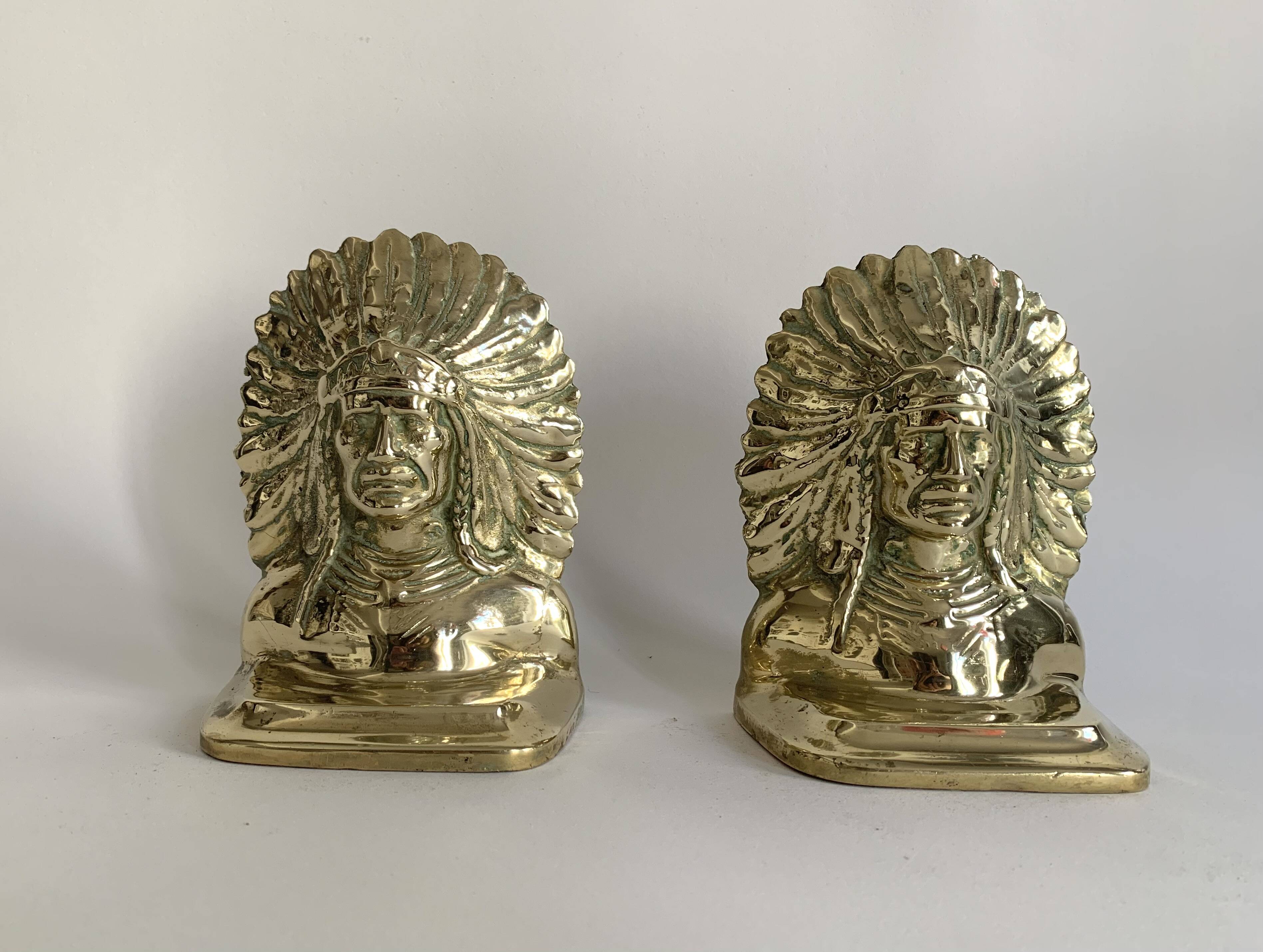 Serre-livres chef indien en laiton massif doré, 1970