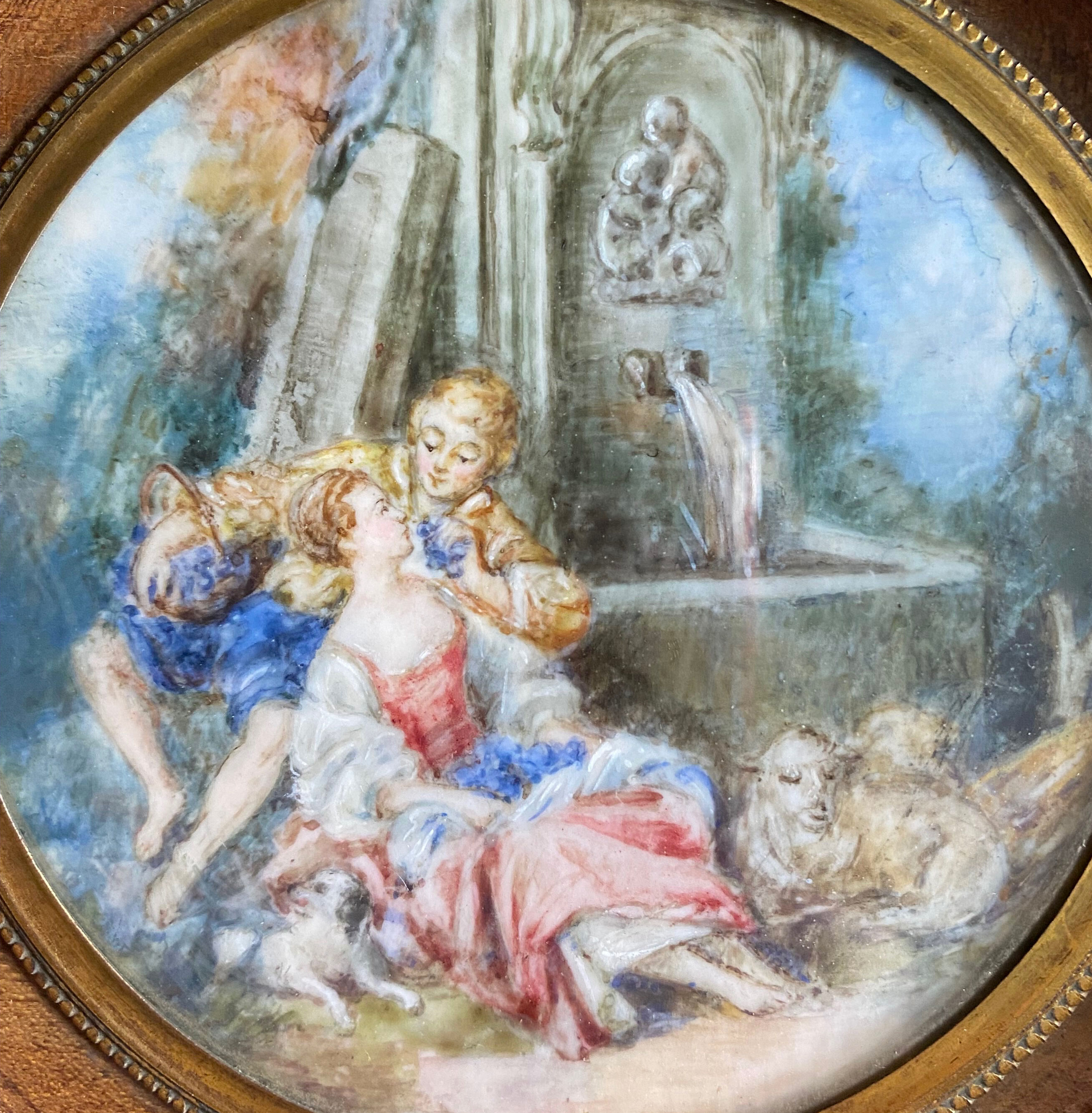 Old Miniature Painting "The Singer" romantic scene + frame