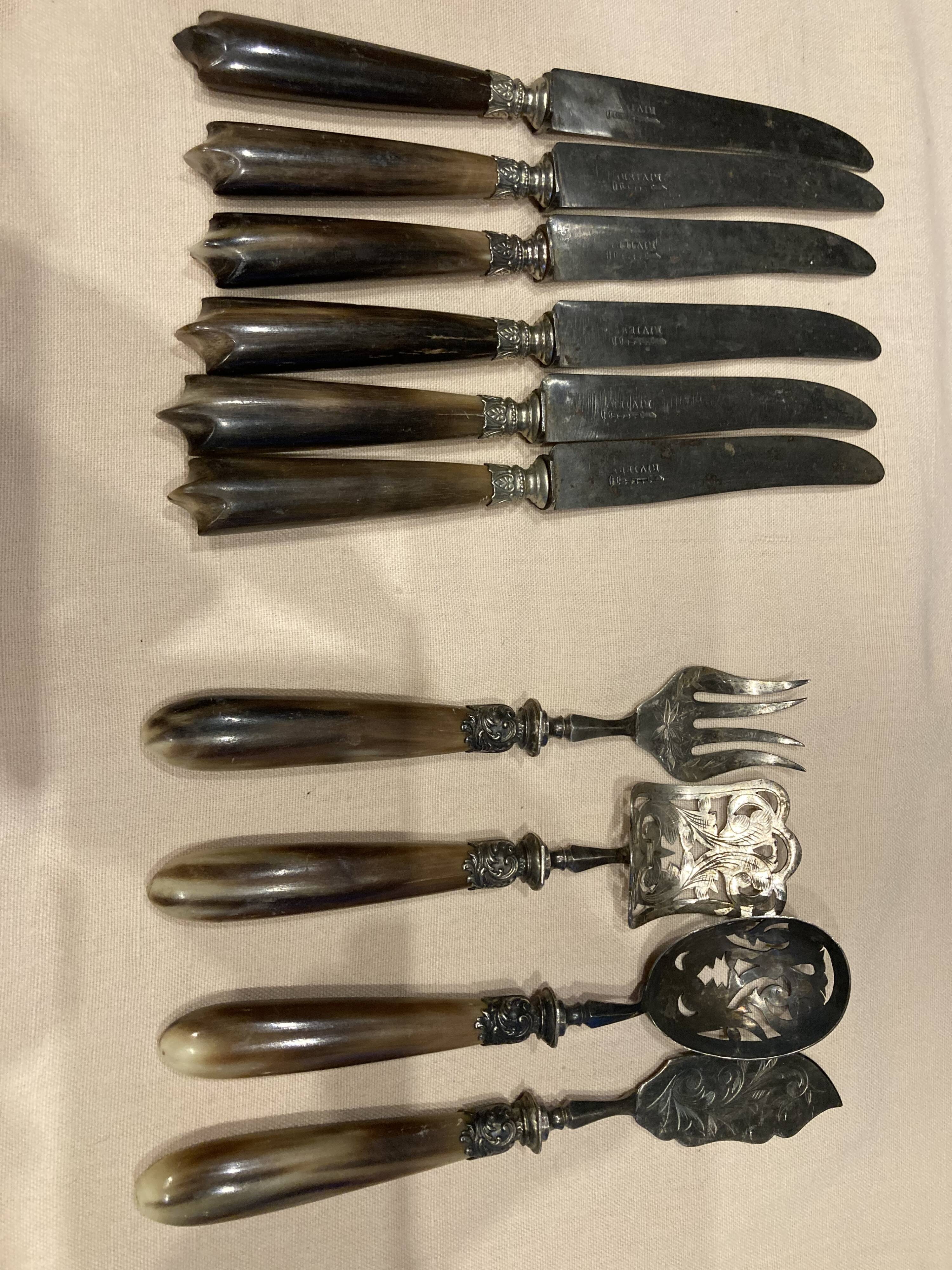 6 dessert knives + serving cutlery with horn handle