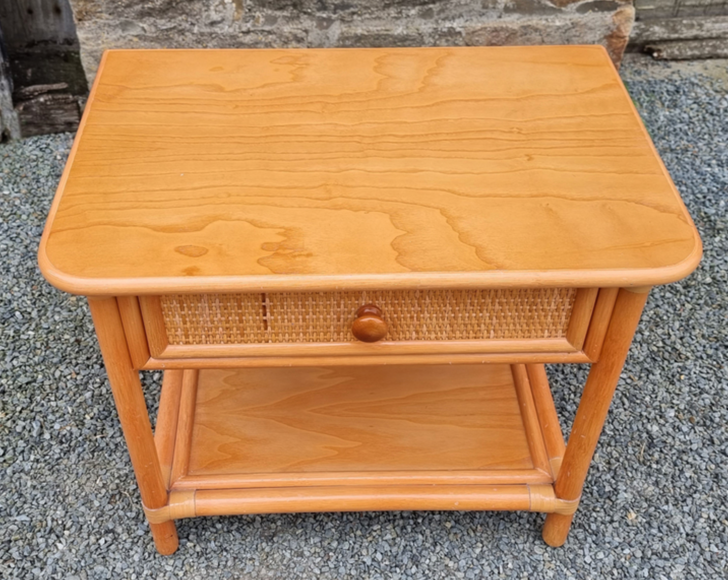 Maugrion bedside table for Roche Bobois, wood and rattan, 80s