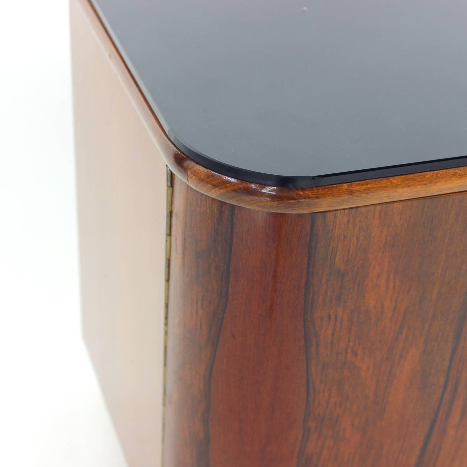 Pair of Art Deco bedside tables in walnut and black glass, Czechoslovakia.