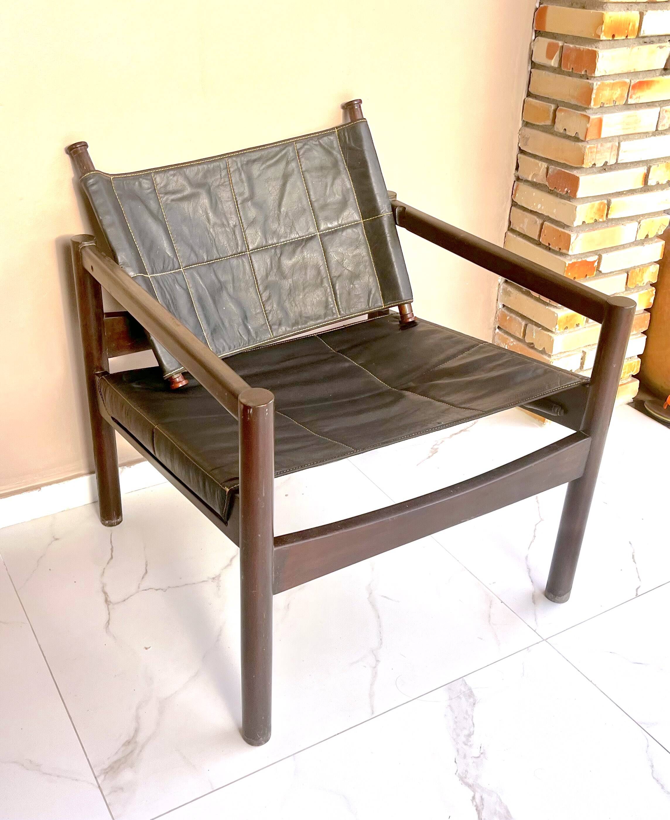 Safari armchair, wood leather, Brazil 1960's