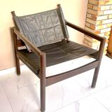 Safari armchair, wood leather, Brazil 1960's