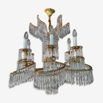 Large chandelier crystal, bronze and gold metal house Baguès around 1950. 16 fires.