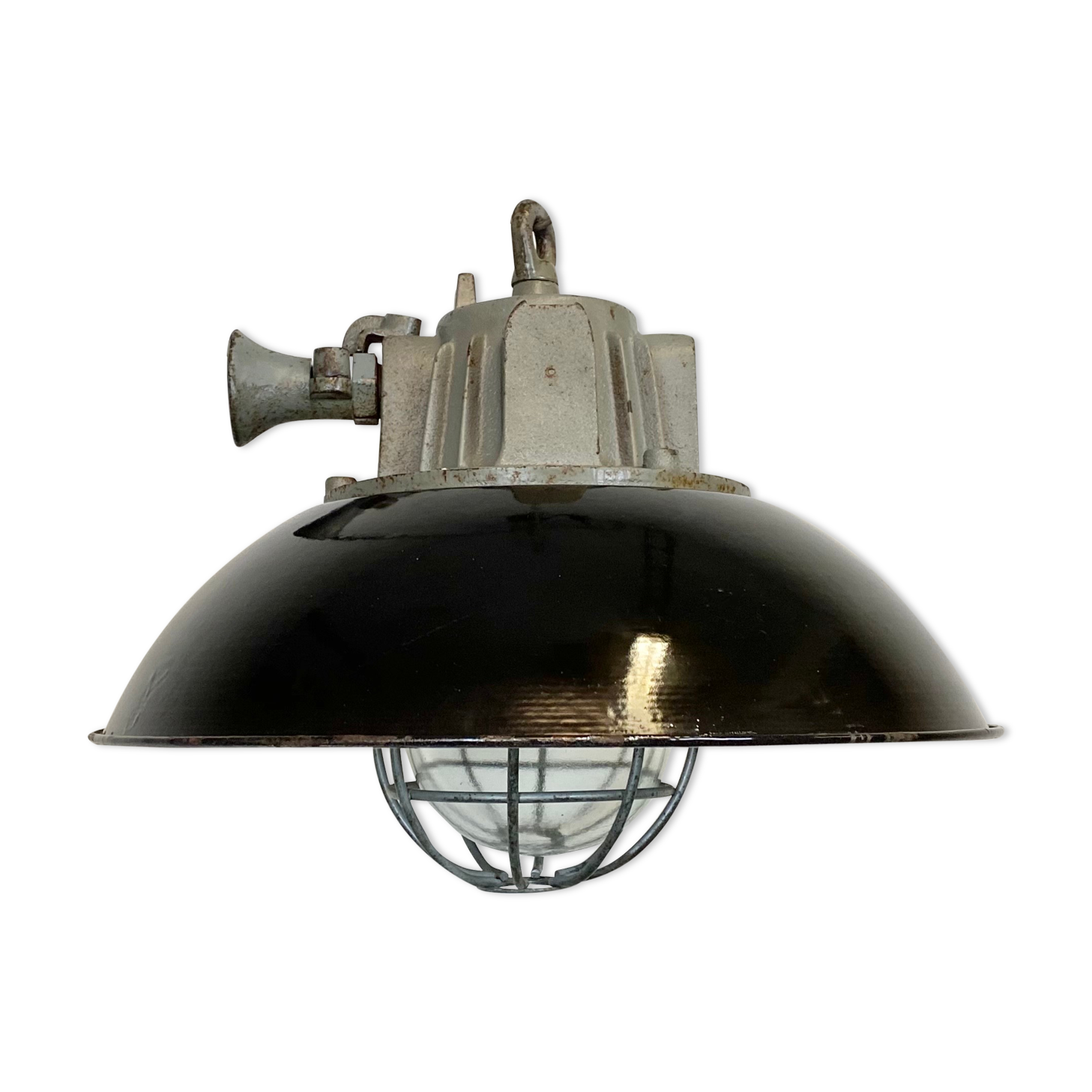 Black enamel and cast iron industrial cage pendant light , 1950s