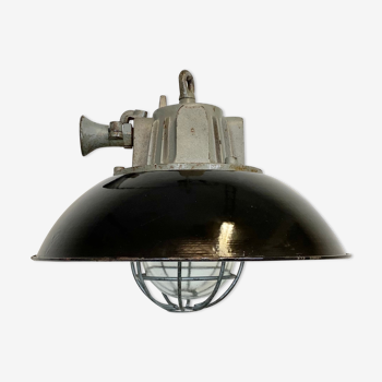 Black enamel and cast iron industrial cage pendant light , 1950s