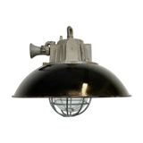 Black enamel and cast iron industrial cage pendant light , 1950s