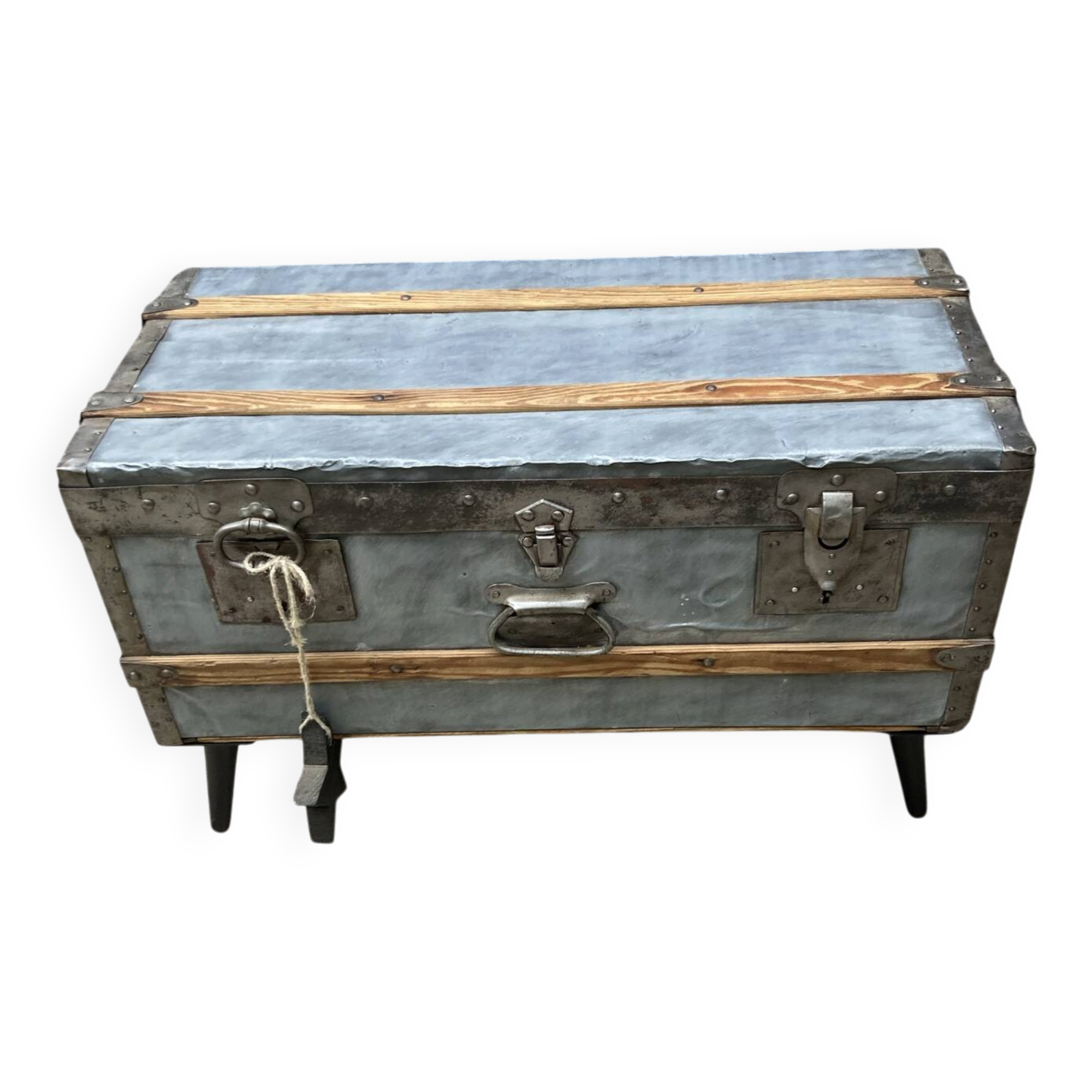 Old zinc trunk with legs, industrial console