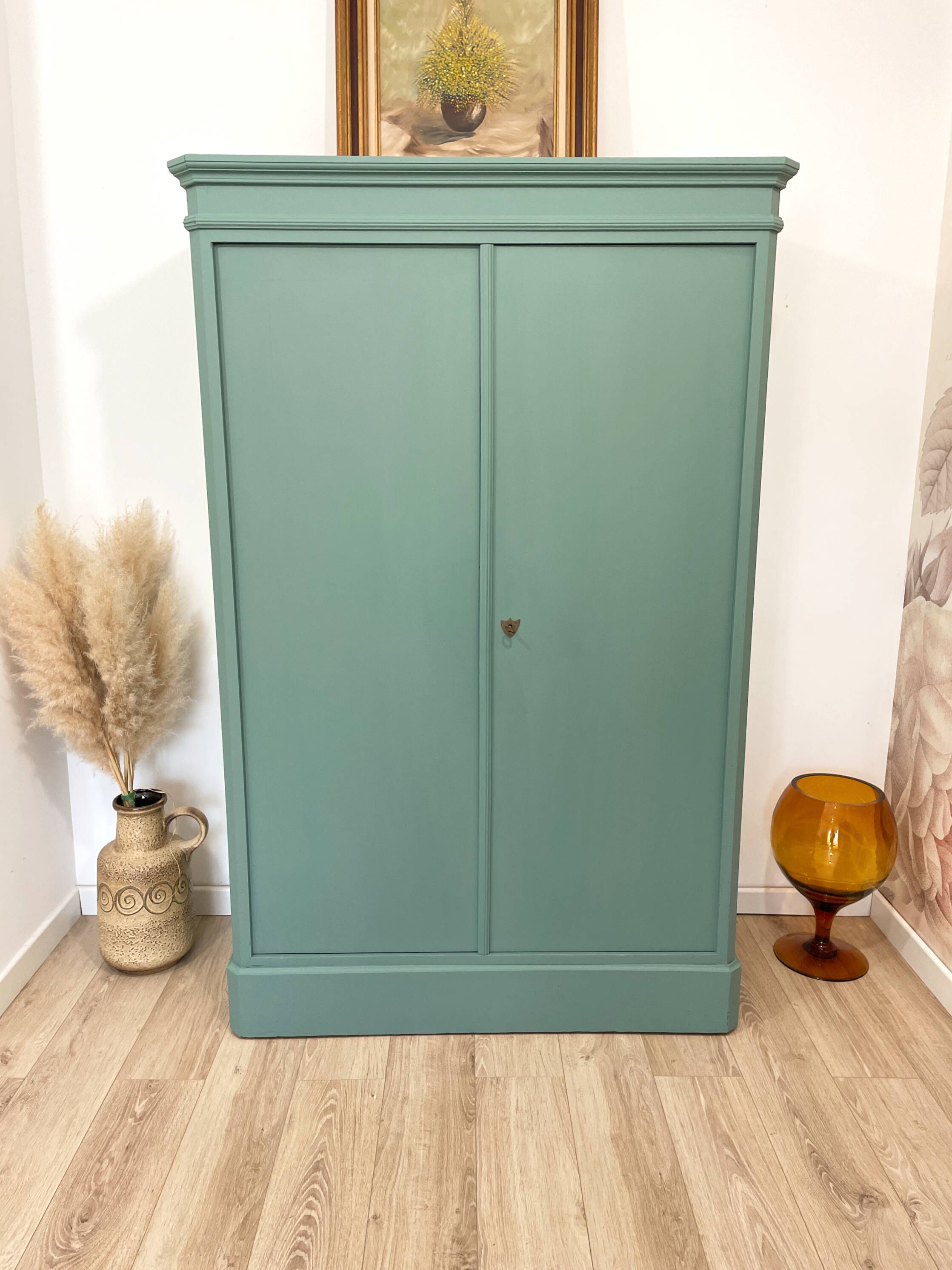 Antique solid pine wardrobe, reimagined in Celadon Green.
