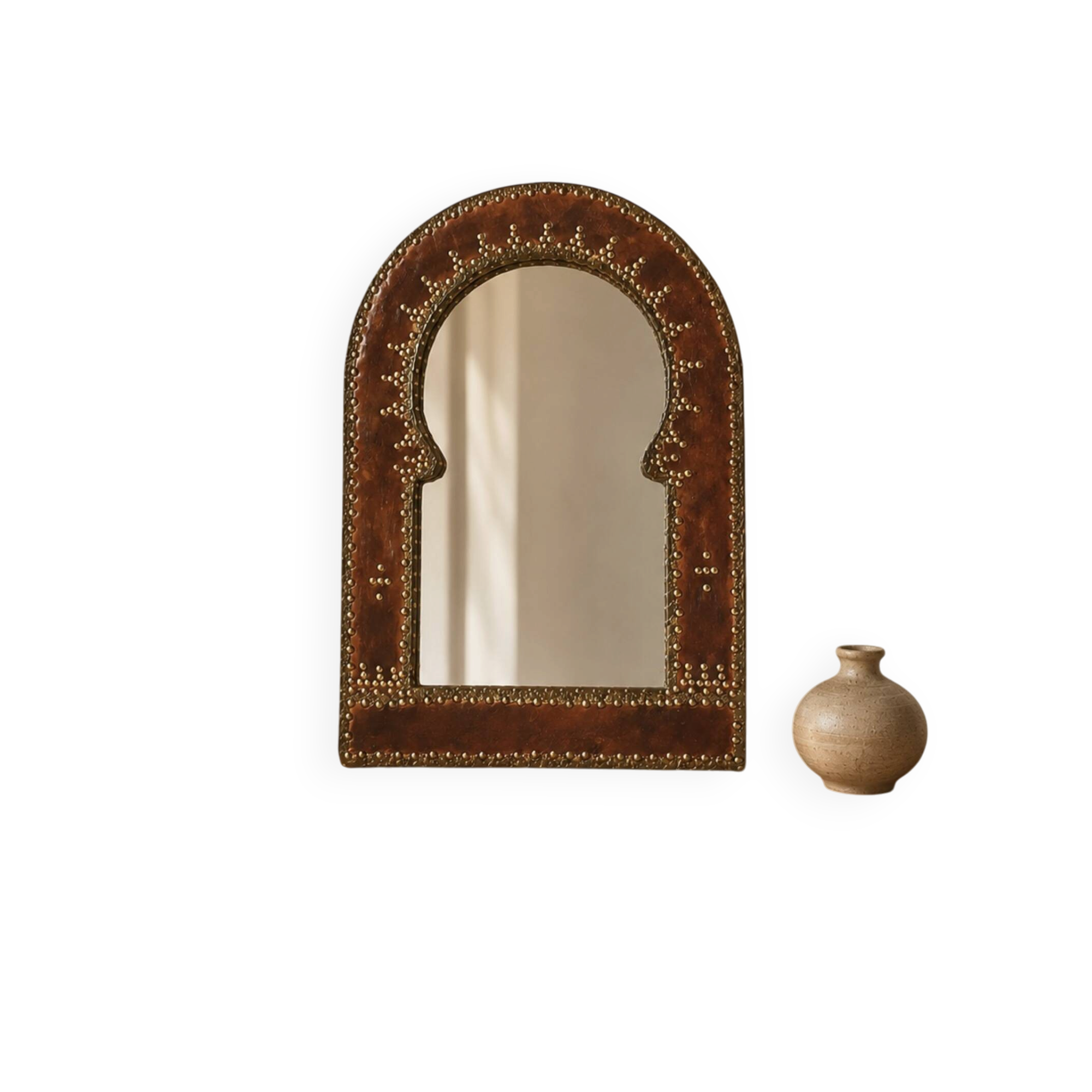Large vintage mirror in studded leather and brass