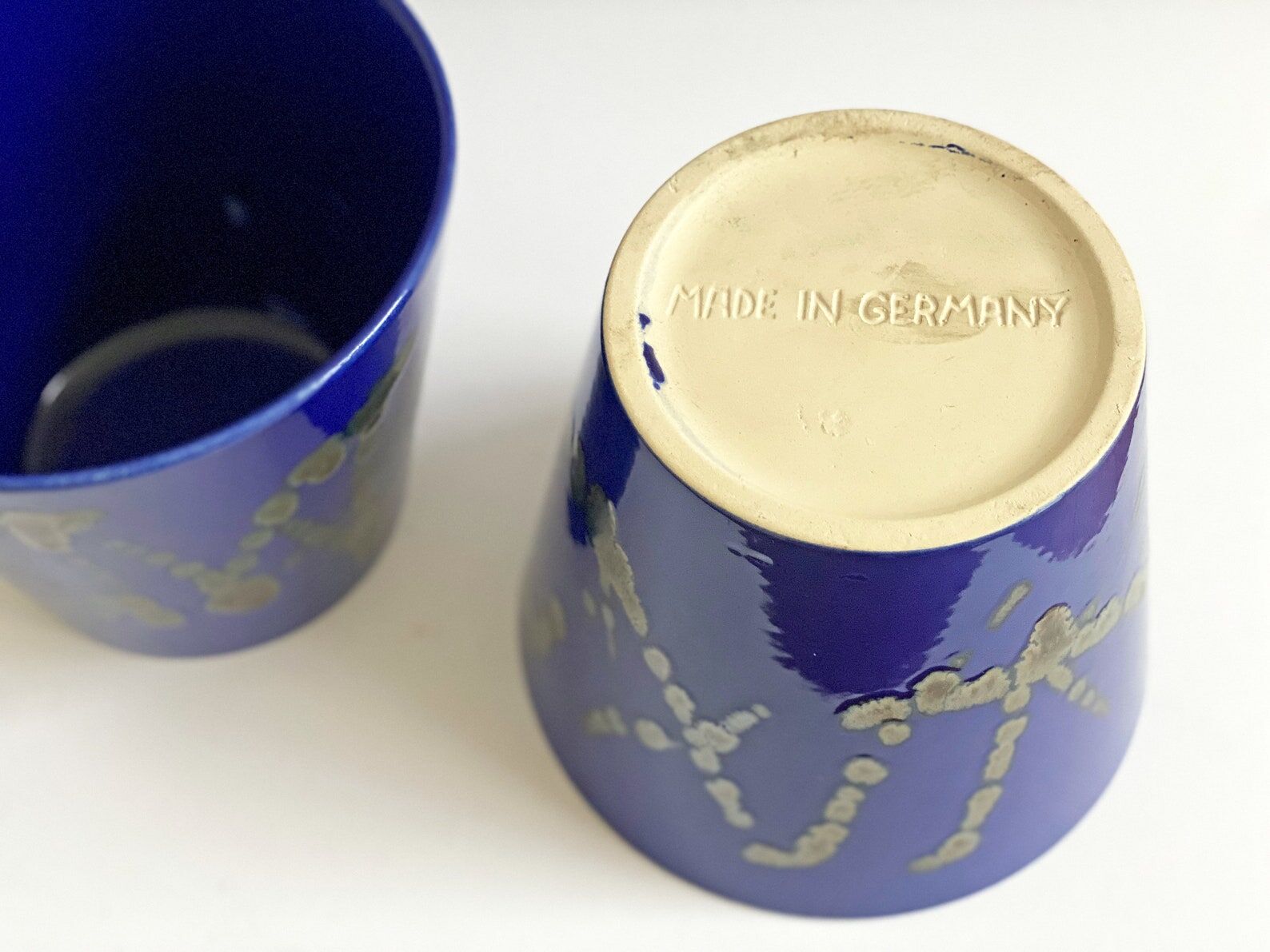 Set of 2 blue West German ceramic planters / flower pots