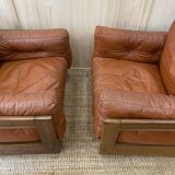 Pair of Cognac Leather Club Armchairs & Wood - Italian Design - 1970s
