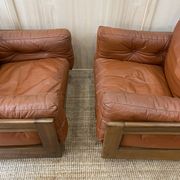 Pair of Cognac Leather Club Armchairs & Wood - Italian Design - 1970s