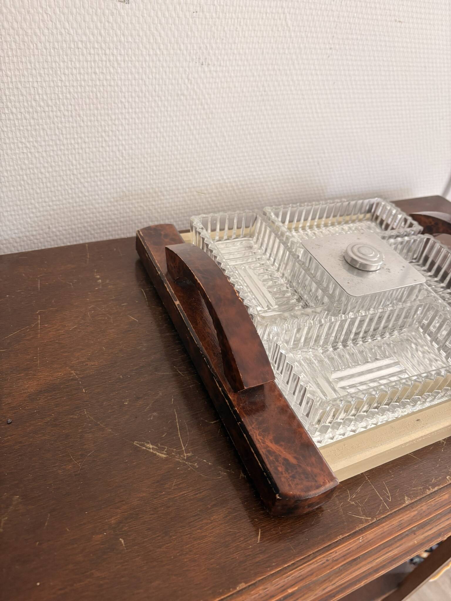 Vintage Serving Tray Aperitif Handle Thuya Walnut Art Deco Mirror Platter