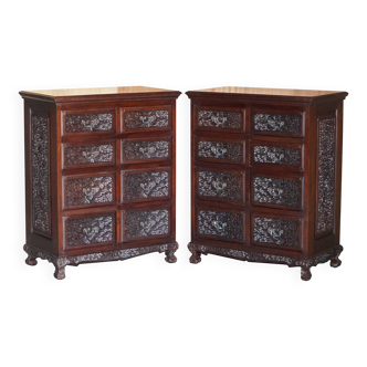 Pair of vintage hardwood carved chests of drawers