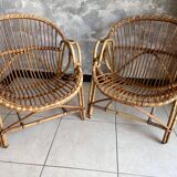 50s rattan armchairs. Pair of armchairs