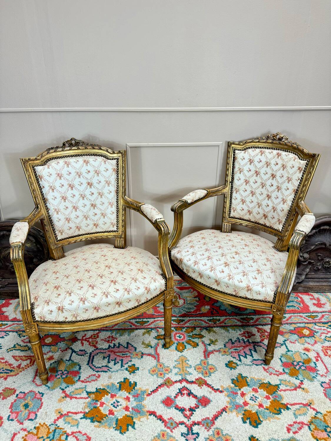 Pair of louis xvi style gilded wood armchairs, 19th century