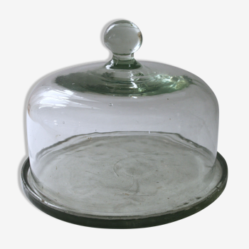 Cloche en verre ancien soufflé main avec son plateau d’origine