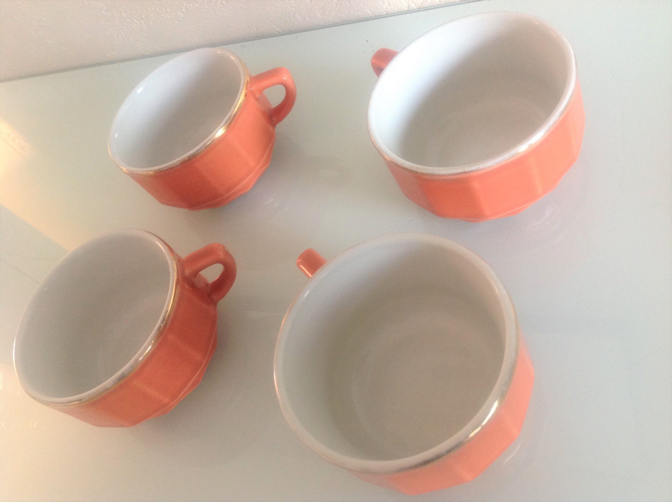 Bistro style four-mugs suite orange-pink by Apilco /vintage 70-80