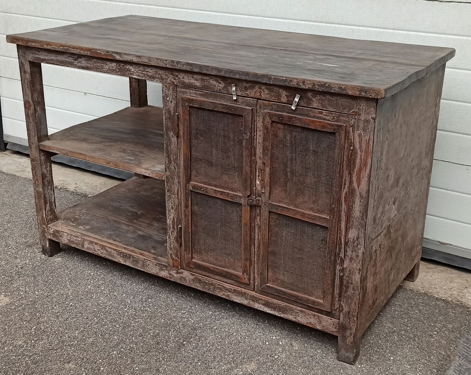 Antique wooden and metal accent furniture with mesh doors