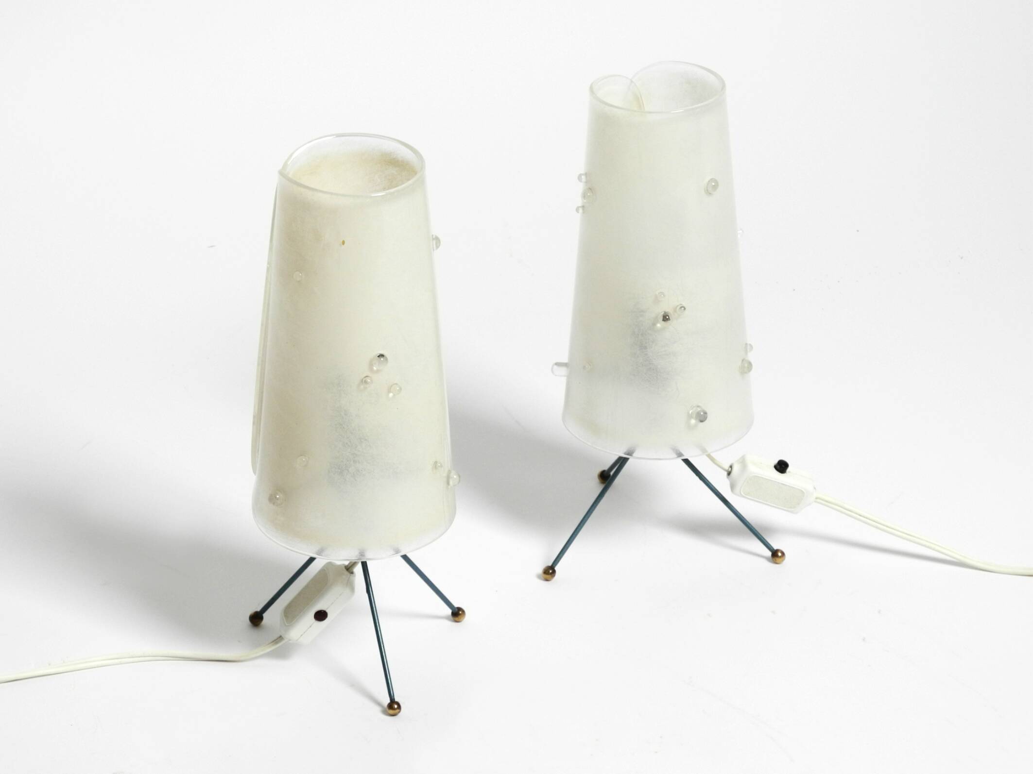 Two very Mid Century Modern tripod table lamps with white plexiglas shades