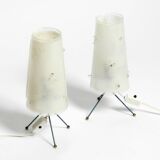 Two very Mid Century Modern tripod table lamps with white plexiglas shades
